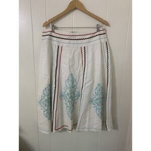 Saint Tropez West Linen Skirt Size 12 Embroidered Rickrack Trim Retro Boho Beach